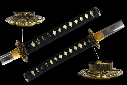 Espada Katana Negra Forjada A Mano Con Tsuba Koi Dorado