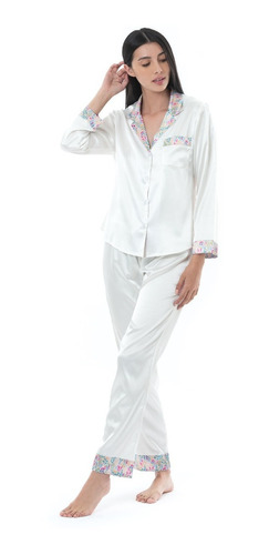 Pijama Mujer Satin Floral Crema - Noite