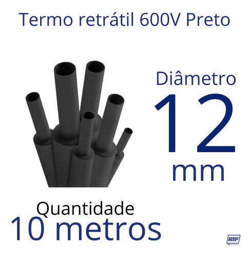 Termo Retrátil Preto 12mm X 10 Metros, Achatado Mede 21mm.