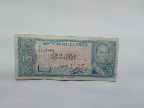 Billete Bolivia 5 Pesos Bolivianos Ley De 1962 Serie X