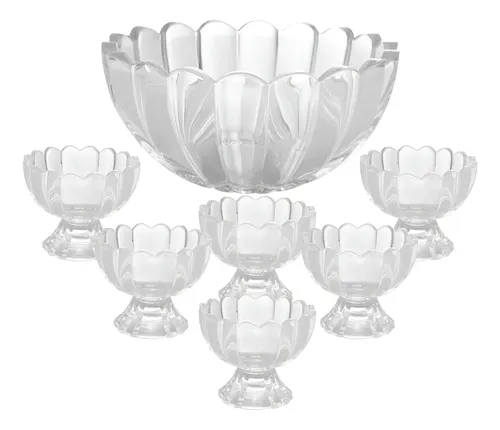 7 Peças Bowl Com 6 Taças Wolff De Vidro Para  Sobremesa