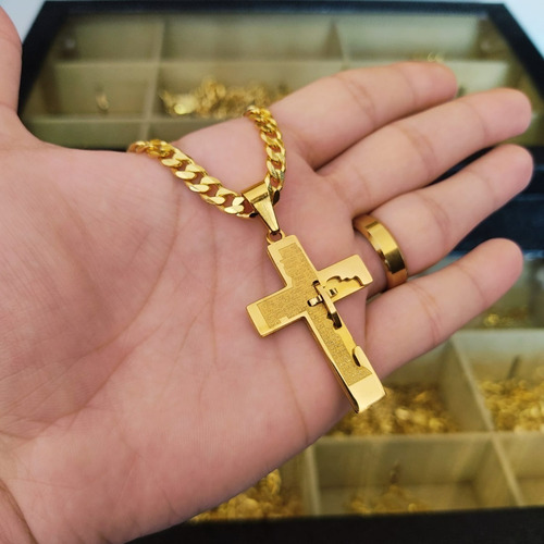 Corrente Fina 6mm Grummet + Pingente Cruz Em Tungstênio Cor Dourado
