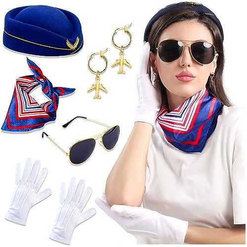 Laventy Accesorios De Disfraz De Azafata Para Mujer, Sombrero, Aretes, Gafas, Bufanda Y Guantes