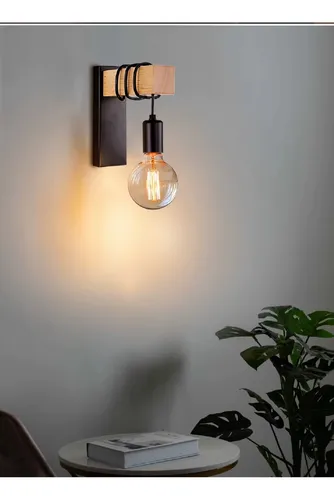 Aplique Con Madera Lampara De Pared Pase E27 Portalampara Negro