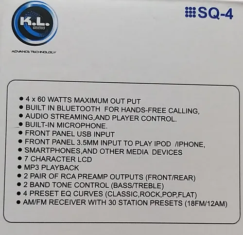 Radio Kl Sq-4 1din Bluetooth Am/fm Usb Mp3