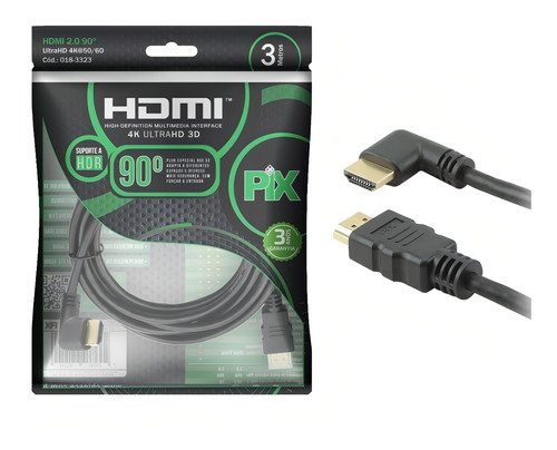 Cabo Hdmi L 3m 90 Graus Blindado 2.0 Ethernet 3 Metros 4k