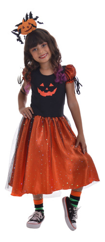 Fantasia Vestido De Abóbora Infantil Com Brilho Halloween