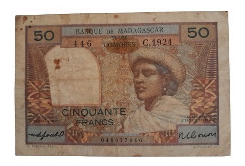 Billete Antiguo 50 Francos = 10 Ariary De 1961 Pick-51