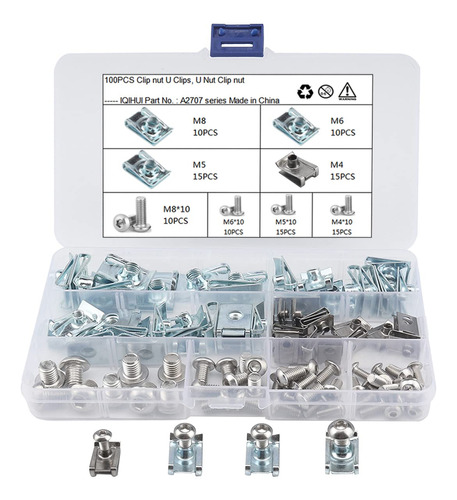 Iqihui 100 Pieza Clip U Surtido Tornillo 4 Tamaño Tuerca Kit