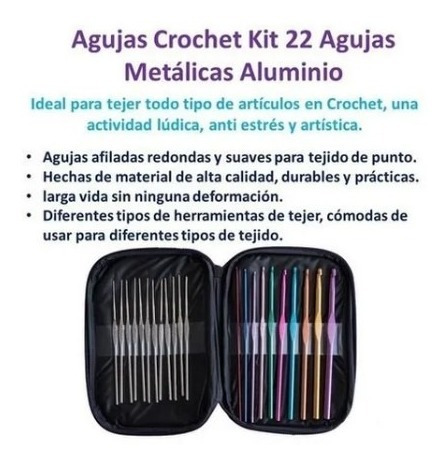 Agujas Crochet Kit 22 Agujas Metálicas Aluminio