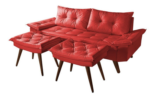 Sofa Bariloche 3 Lugares + Banquetas Couro Sintetico Cor Vermelho