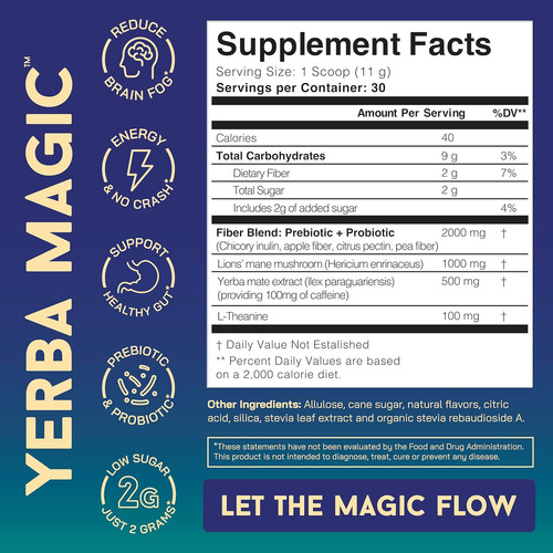 Elfleaf Yerba Magic Suplementos, Yerba Mate Pura 3 En 1 Suplemento Nutricional,contiene Prebióticosnootropics Y Probióti Antiniebla Cerebral Y Salud Intestinal Potenciado 30raciones 330g