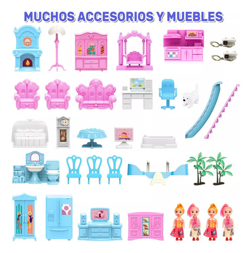 Casa De Muñecas Grande Con Muebles, 16 Cuarto,4 Muñecas,azul