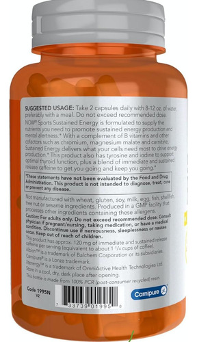 Vitamina B6 B12 + L Carnitina Sustained Energy - Now Sports Sin Sabor