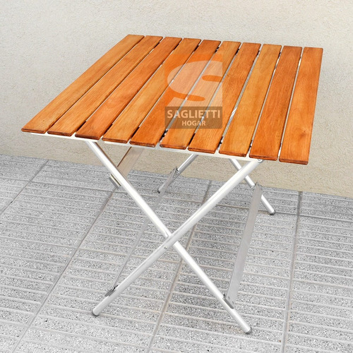 Imagen 6 de 10 de Mesa Plegable Aluminio Madera 84x75 + 2 Sillas + 2 Banquitos