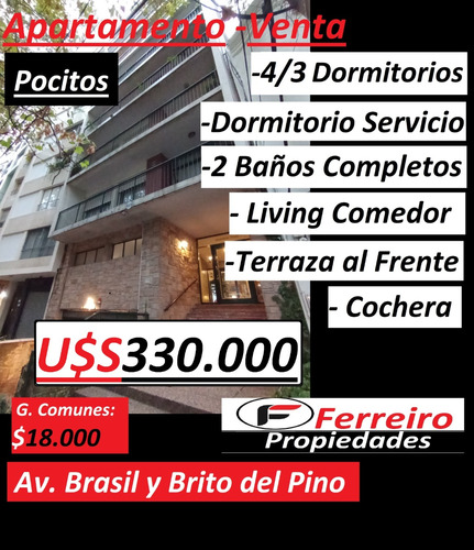 Pocitos Venta 3 Dorm.+servicio C/baño´+baño Completo Tza. Al Frente Av. Brasil Gge.