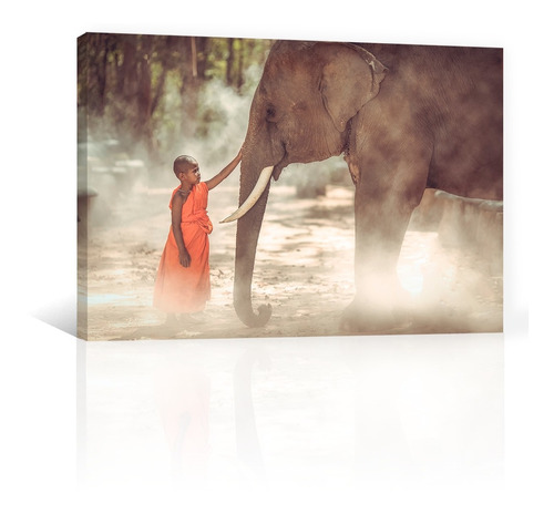 Cuadro Decorativo Canvas Zen Y Buda Niño Tocando  A Elefante