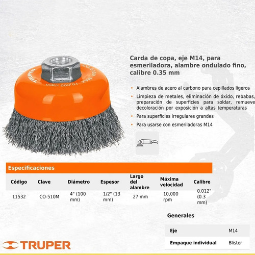 Cepillo Alambre Carda Copa Ondulada 4 Pulgadas Truper