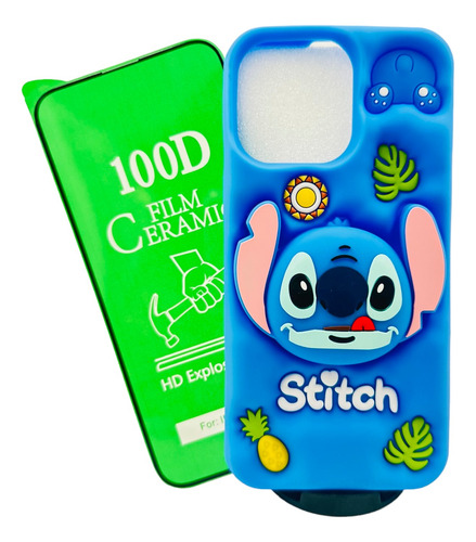 Funda Stitch + Mica Para Iphone 12 / 12 Pro Azul Stitch