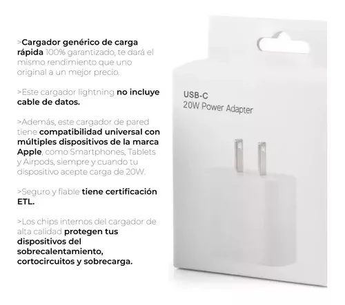 Adaptador cargador/ Enchufe de corriente USB-C 20W Iphone GENERICO