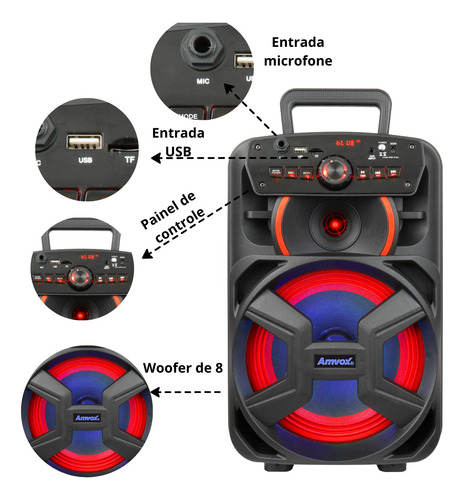 Caixa De Som 220w Amvox Aca221 Tws Led Woofer 8 Bivolt
