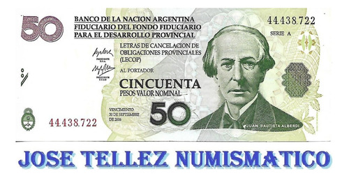 Billete Argentina Bono 50 Lecop Ec# 209 Casi S/circ Palermo