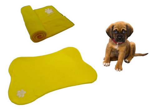Cama En Forma De Hueso Para Mascotas + Cobija Grande Color Amarillo