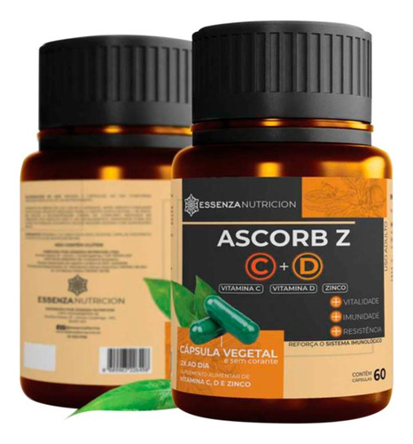 Ascorb Z - Vitaminas C, D E Zinco 60 Caps - Essenza Sabor Sem Sabor
