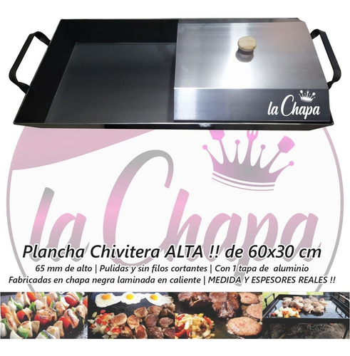Imagen 2 de 10 de Plancha Chivitera Sarten Hierro 60x30cm + Tapa De Aluminio