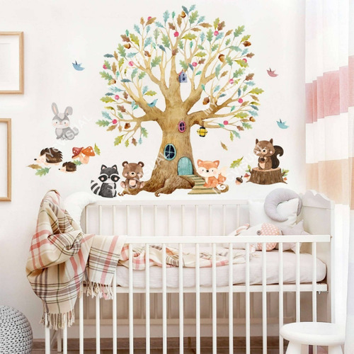 Vinilo Decorativo Infantil Arbol Y Animales Del Bosque Bebe