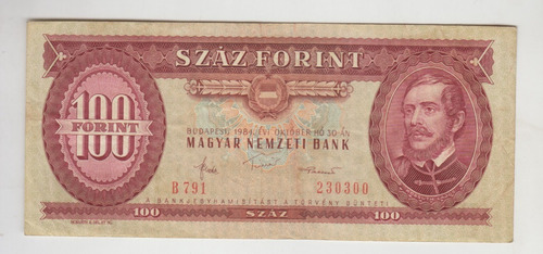 Billete Hungria 100 Forint Año 1984 Muy Bueno