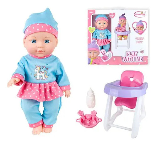 Muñeca Bebe Con Silla Para Comer + Accesorios Tetero
