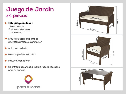 Juego De Jardin Sillas Sillones Mesa 4 Pzas Simil Ratan