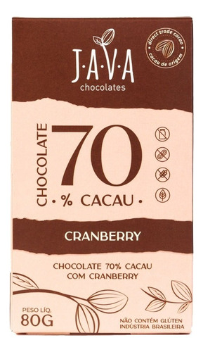Chocolate 70% Cacau C/ Cranberry Vegano Sem GlĂșten 80g Java