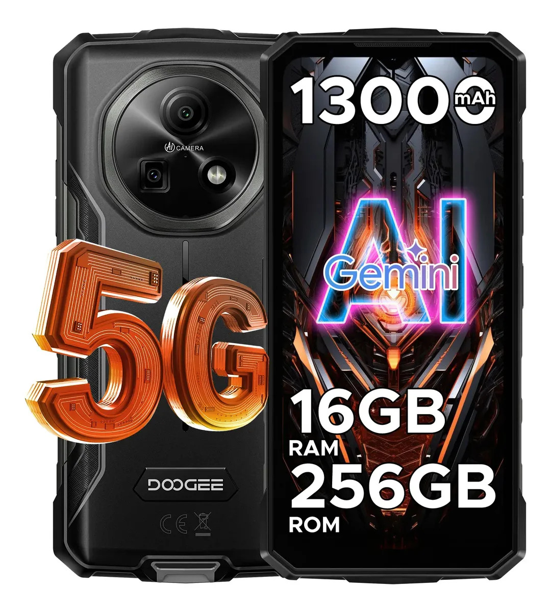 DOOGEE Fire 7 5G Android 15 Móvil Resistente 13000mAh Batería 16Gb Ram 256Gb Rom Teléfono 6.6Hd+90Hz 64Mp Cámara IP68/Face ID/NFC/3 slot/OTG/GPS