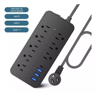 Regleta Cargador Multicontactos Con 8 Salidas 3 Usb 1 Tipo C Color Negro