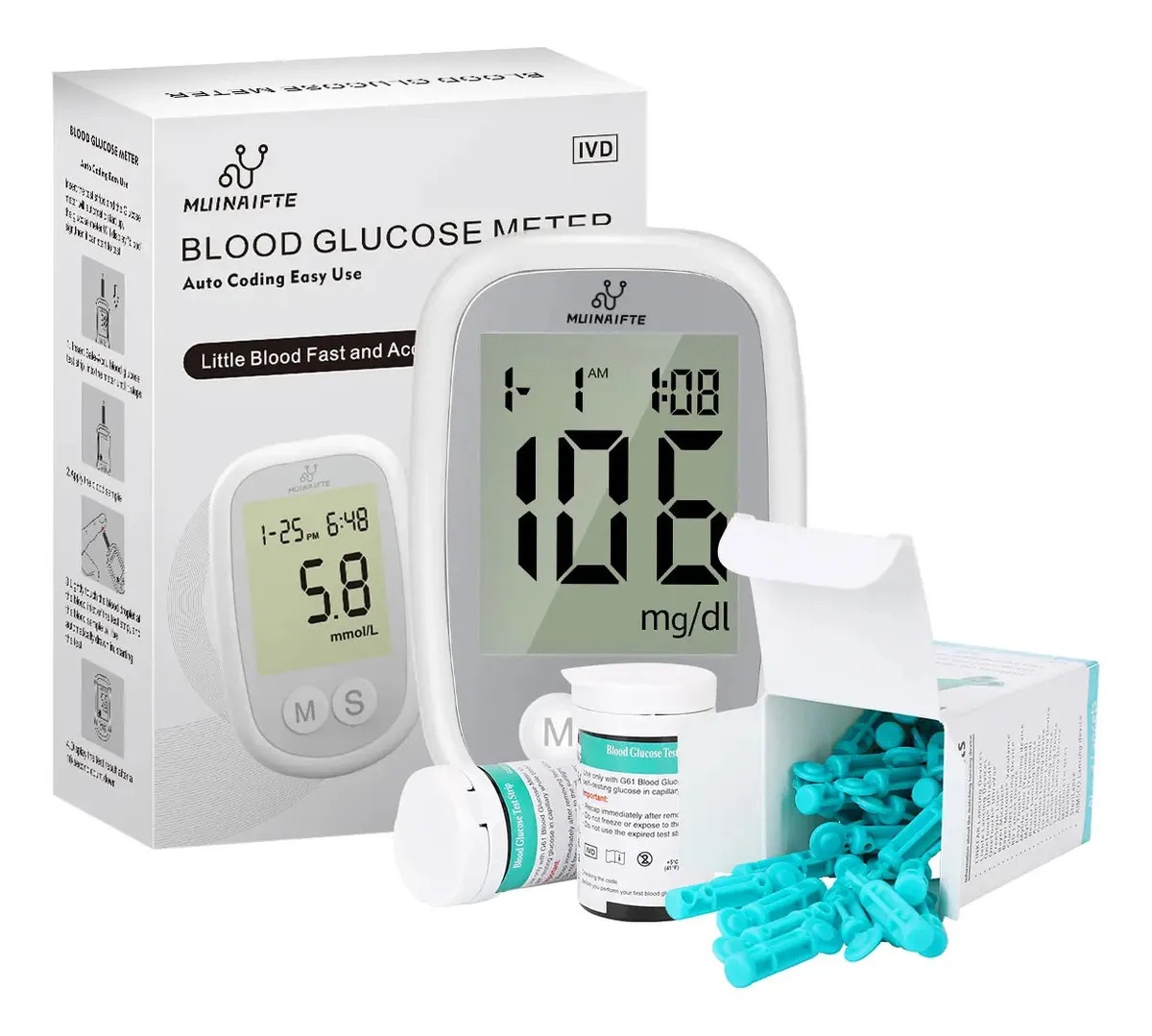 Digital Medidor Glucómetro Digital 50tiras Y 50 Lancetas Kit Blanco