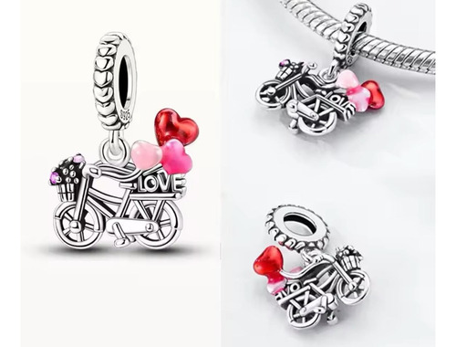 Charm Dije - Importado Plata 925 - Colgante Bici Amor Rojo-rosa-fuxia-plata