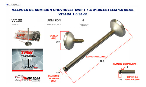 Valvula De Admision Chevrolet Swift 1.6 91-95-esteem 1.6 95-