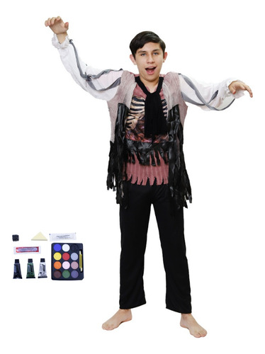 Disfraz Zombie Esqueleto Con Kit De Maquillaje Completo Para Niños Infantil