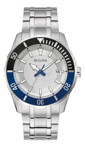 Reloj Bulova Hombre 98b441 Correa Plateado Bisel Negro Fondo Blanco