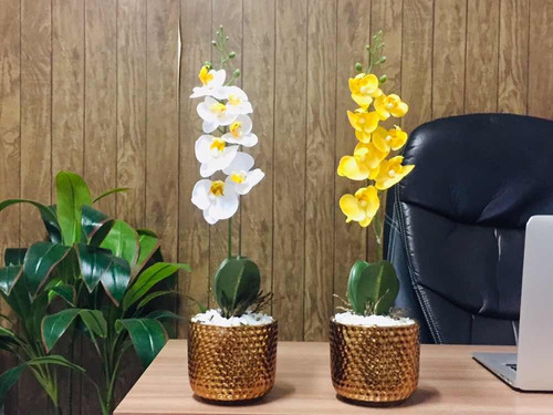 Planta Artificial Orquídea Amarela/branca Com Vaso Cerâmica | Parcelamento  sem juros
