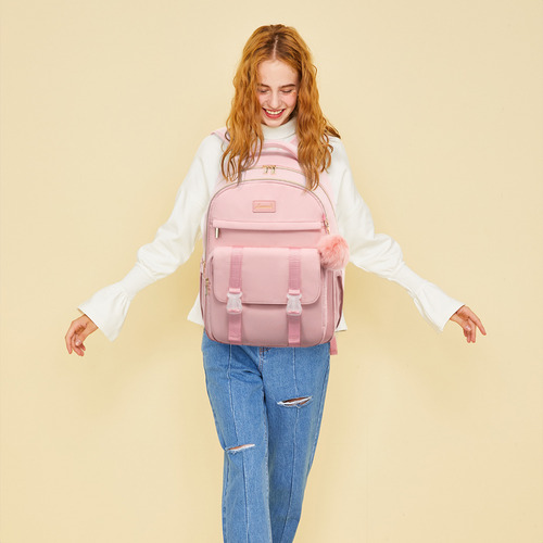 Mochila Escolar Con Bolsillos Varios Colores Rosa Liso