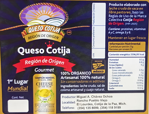 Queso Cotija Gourmet Región De Origen 1.965 Kg De Medio Tajo