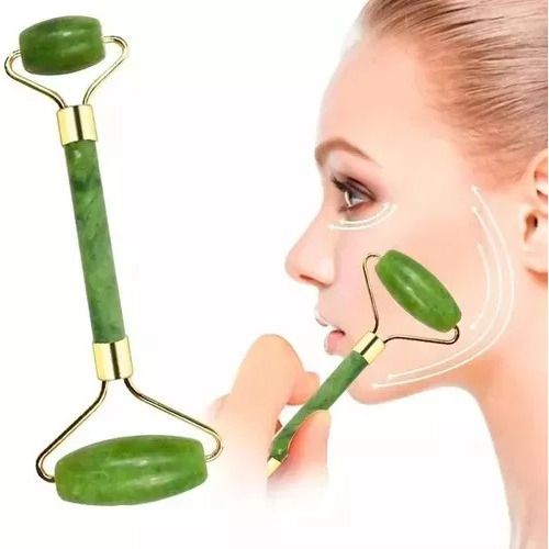 Rodillo Facial Masajeador Surcado Jade Y Piedra Gua Sha