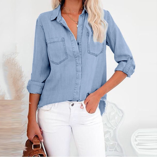 A Top Casual De Mezclilla Con Cuello En V Y Manga Larga Con