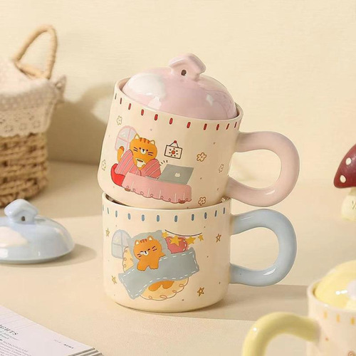 Taza De Cerámica + Tapa Casa Gatito Cat House Kawaii 400ml Rosa