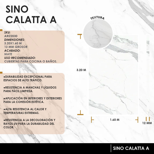 Piedra Sinterizada Sino Calacatta A | Mate - 1600x3200x12mm