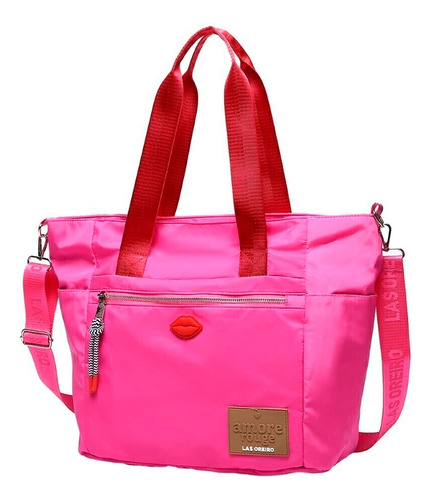 Cartera Tote Bag Las Oreiro Carteras 22097 Diseño Liso De Nylon  Fucsia 22097 Con Correa De Hombro Fucsia Asas Color Rojo Y Fucsia