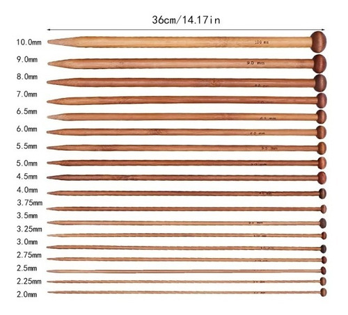 Imagen 2 de 6 de Set Palillos Para Tejer De Bambú, 2mm A 10mm (18 Tamaños)